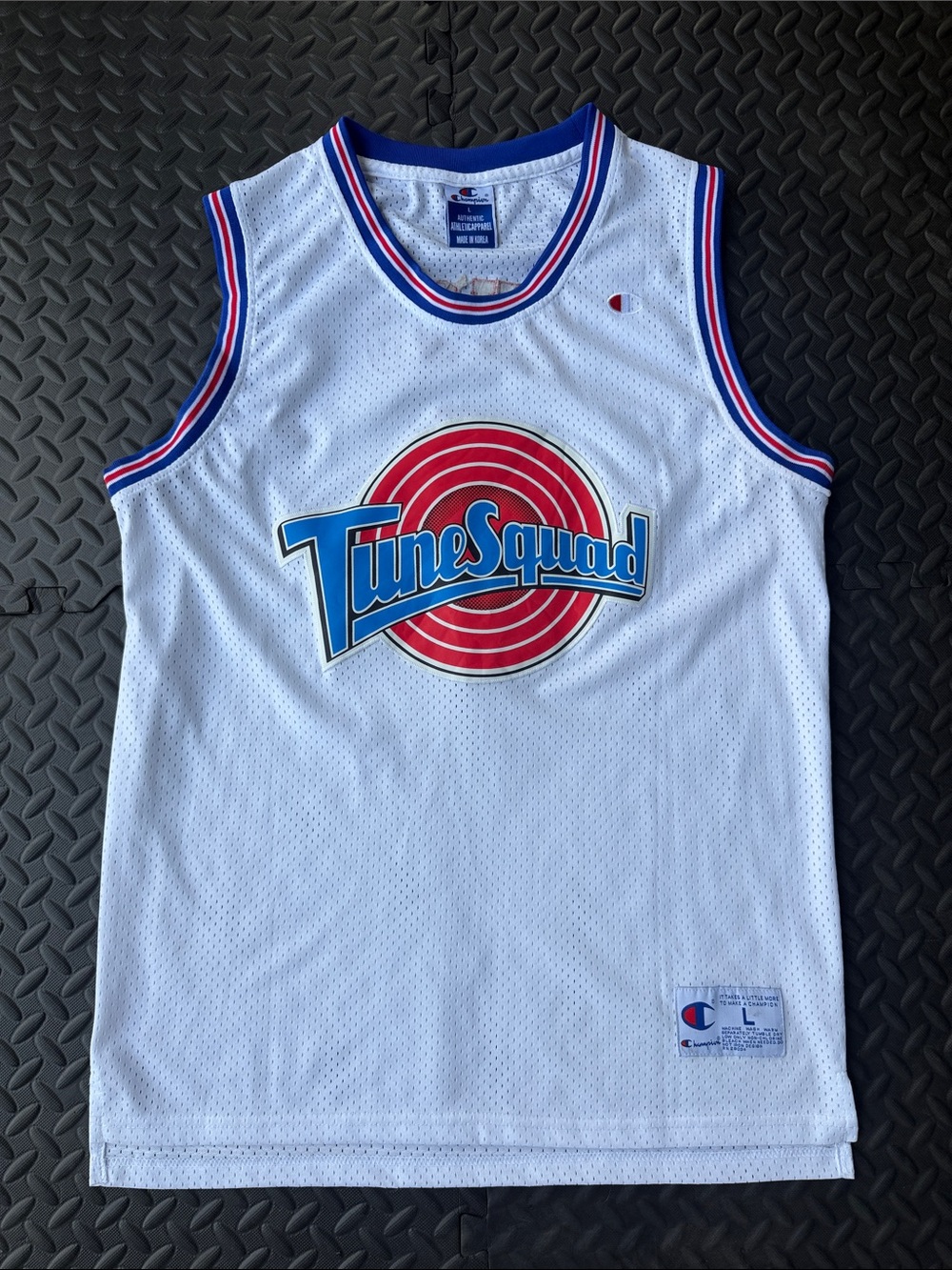 Champion White Tune Squad Mesh Basketball Jersey with Red & Blue Accents size L